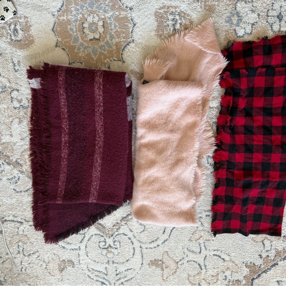 Set of Three Stylish Scarves - Burgundy, Pink, and Red Plaid